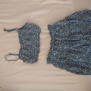 Blue crop top and skirt set with flower pattern. Shein. Size small